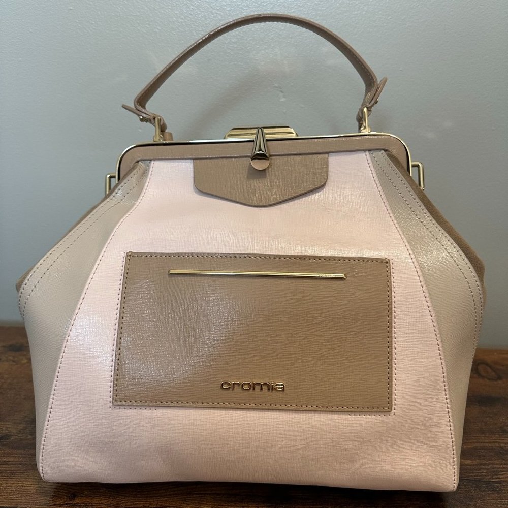 Cromia Coated Colorblock Full grain Leather Shoulder Bag Gold Satchel Medium